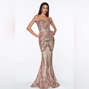 Cinderella Devine Long Sequin Off The Shoulder Evening Dress Rose Gold